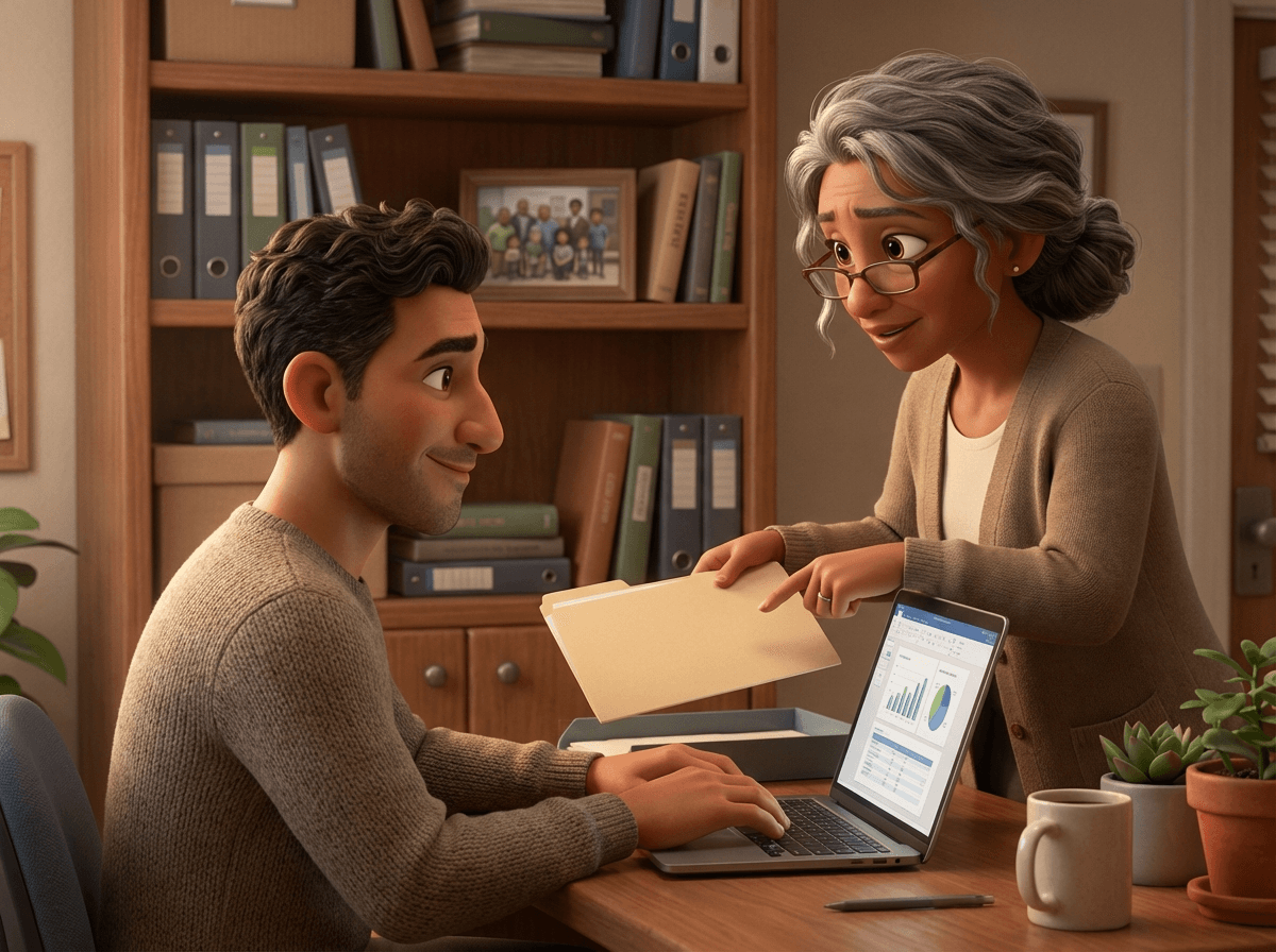 Two colleagues reviewing and uploading organizational documents together