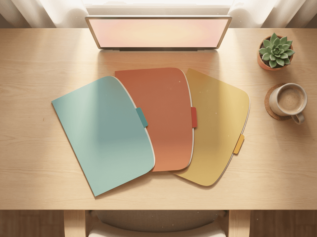 Three distinct colored program folders on a desk, representing multiple programs